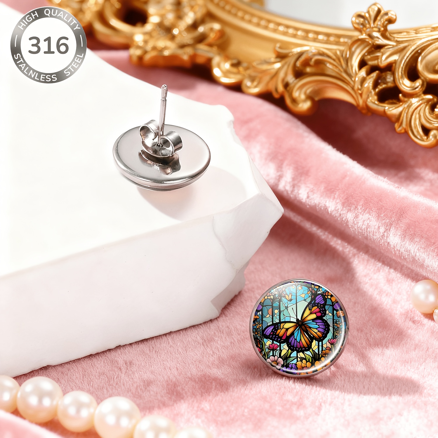 Colorized Butterfly Decorated Glass Style Round Stud Earrings